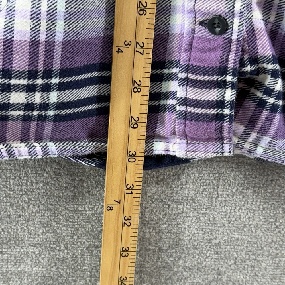 Duluth Trading Flannel Shacket Women Size Large Purple Plaid Long Sleeve Cottage - Picture 9 of 10